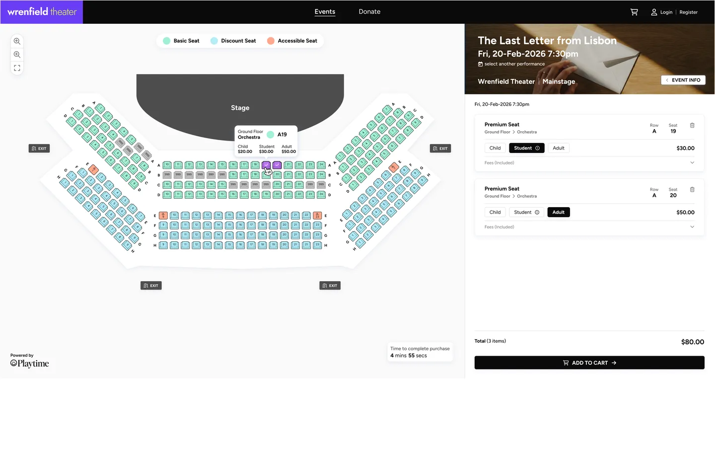A patron checkout in the venue's own branding, two seats chosen on the seat plan and the cart beside it