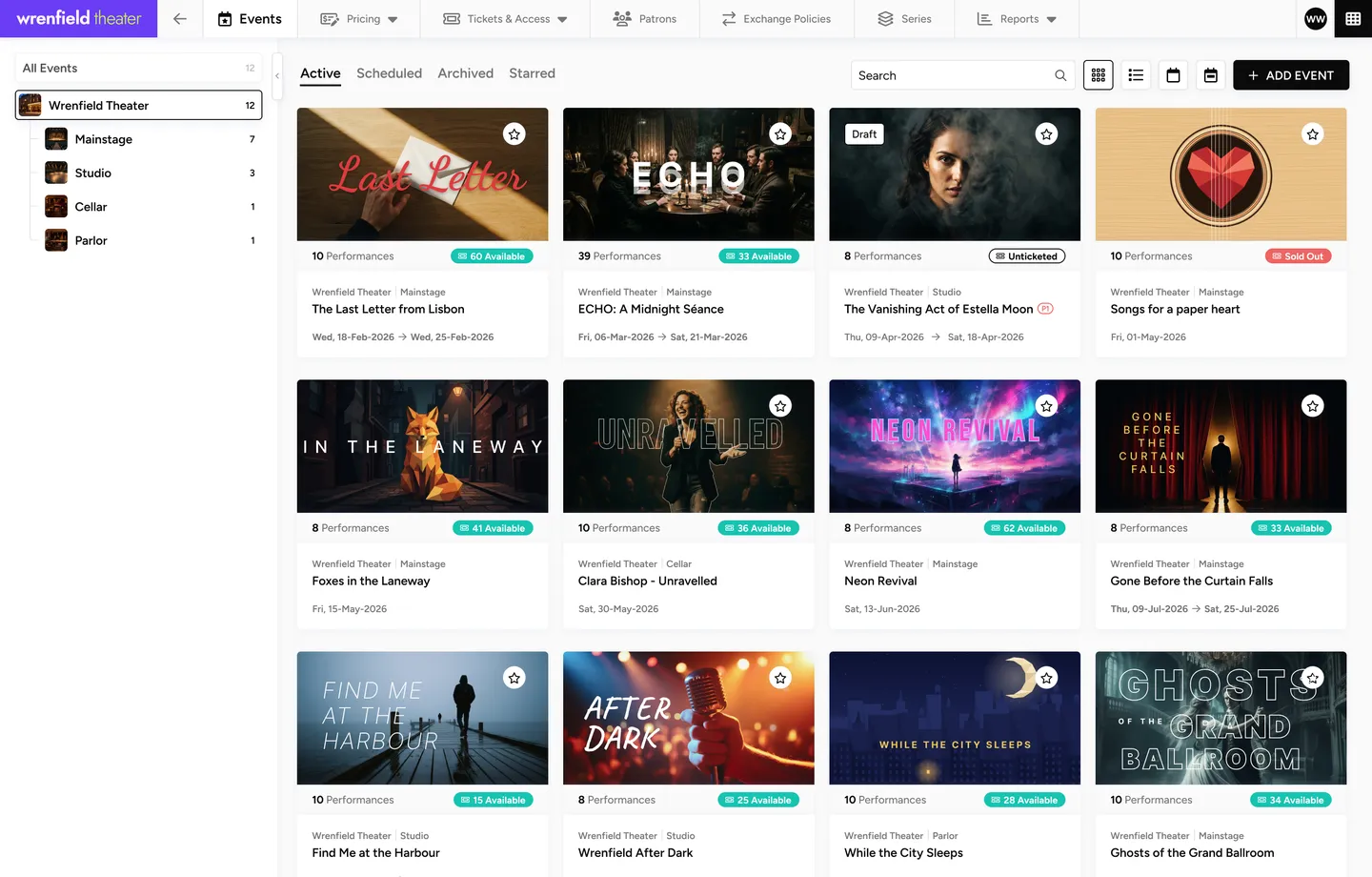 The Playtime events page, every show in the venue laid out as cards with performances and seats available