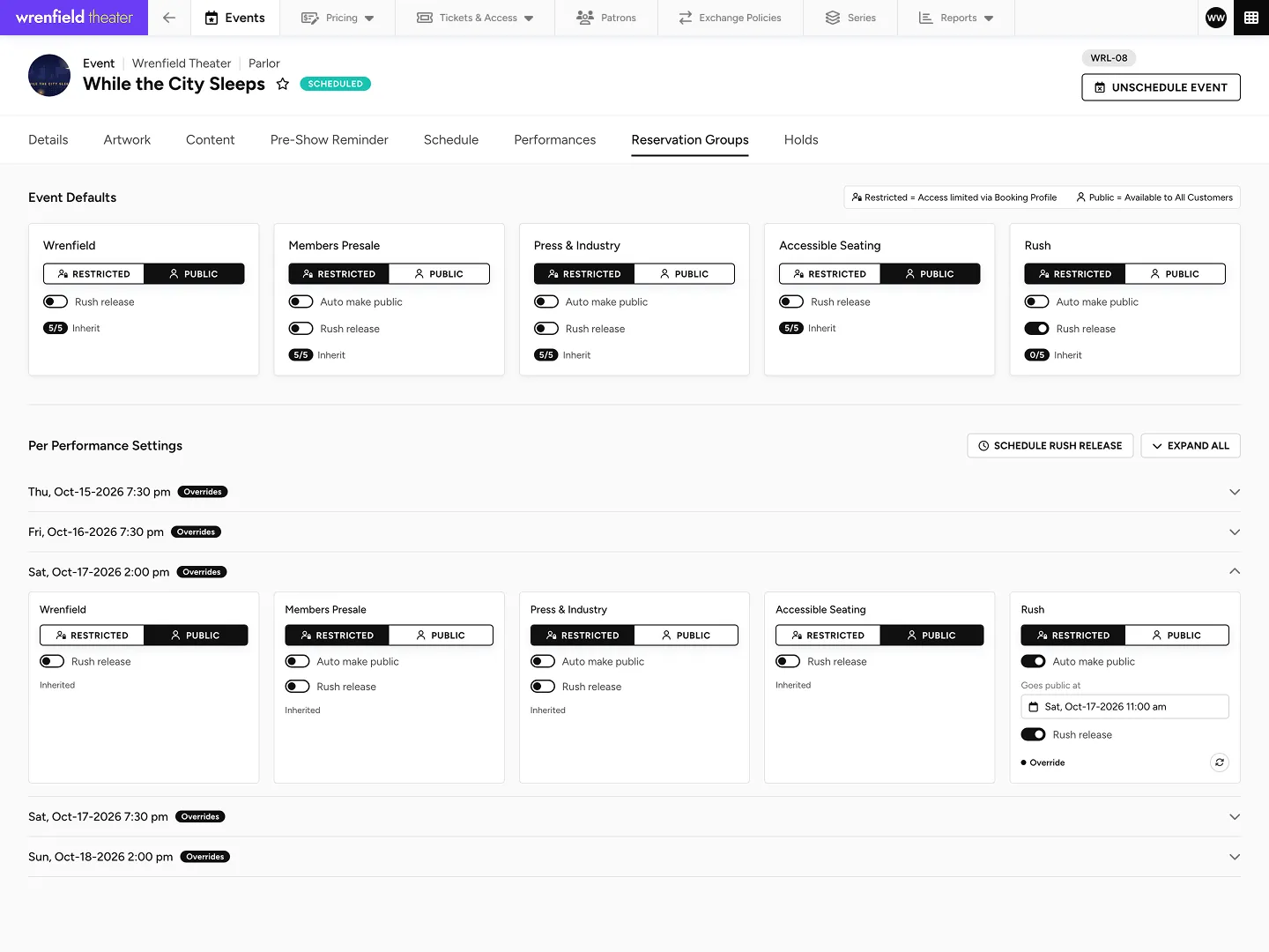 The Reservation Groups tab of an event in Playtime: the Rush group with Rush release switched on, and for one performance a Goes public at date and time.
