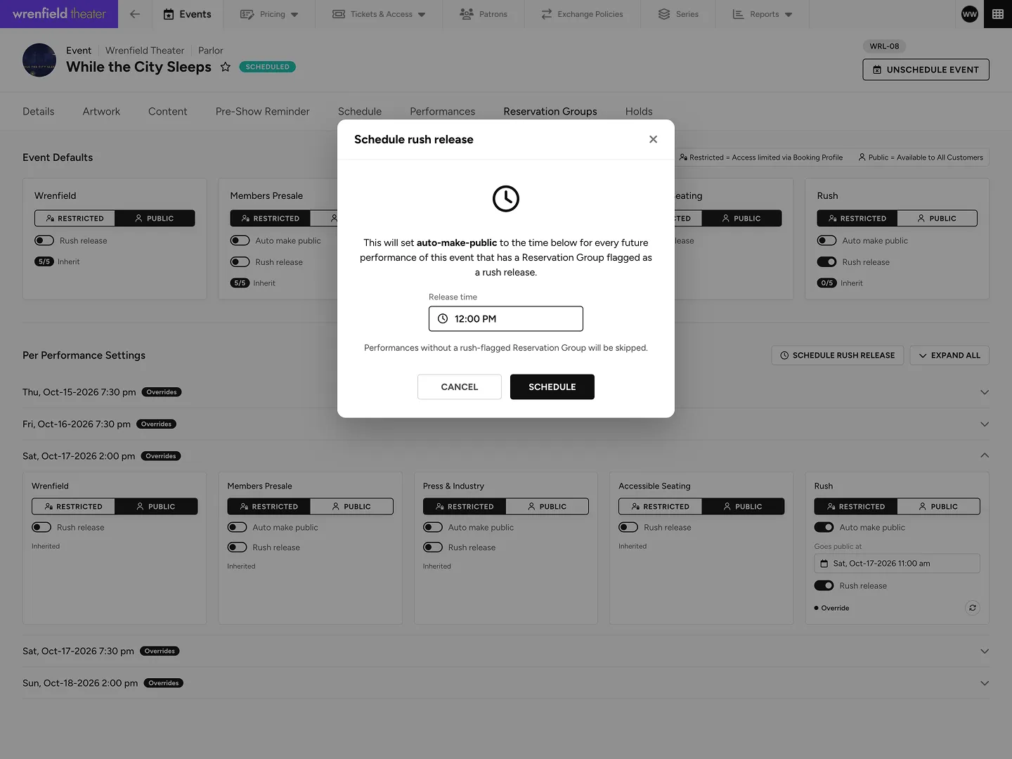 The Schedule rush release dialog over an event’s Reservation Groups tab in Playtime: one release time, 12:00 PM, sets auto-make-public on every future performance with a rush-flagged Reservation Group, and performances without one are skipped.