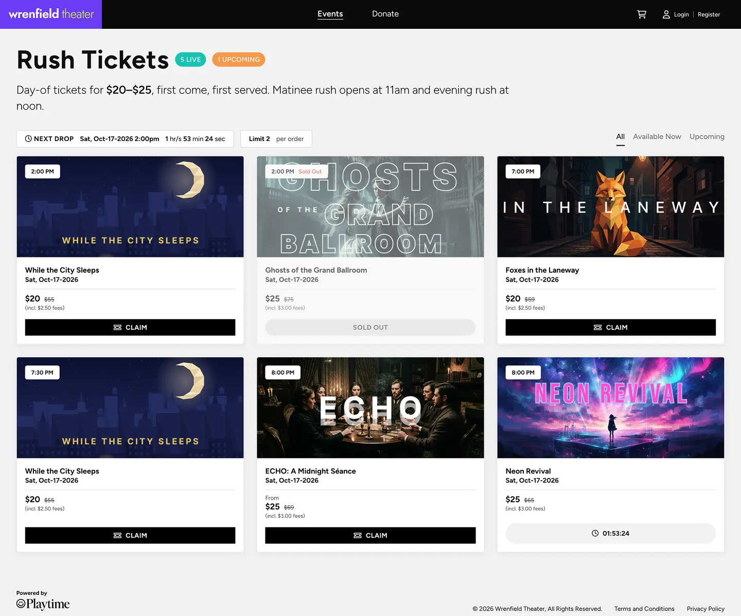 A theater’s Rush Tickets page while the rush is live, on a laptop: day-of tickets for $20 to $25, a next-drop countdown and a limit of 2 per order, then show cards with a Claim button and one show marked sold out.
